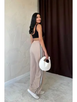 Omarı Yan Şerit Detaylı Bej Pantolon