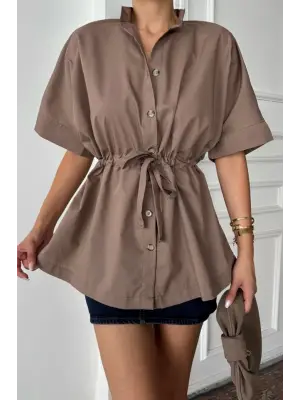 Omarı Rahat Kullanımlı Bel Büküm Detaylı Gömlek - Kahverengi