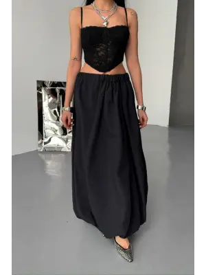 BEL LASTİKLİ BALON ETEK ŞANEL BOY SOFT KUMAŞ - Siyah