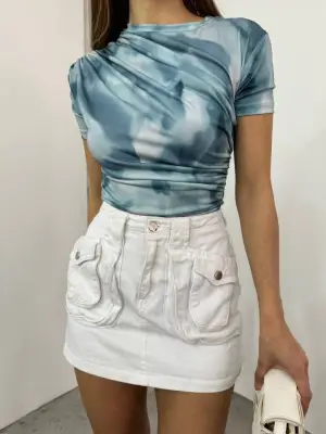 Omarı Omuz Detaylı Batik Baskı Bluz - Açık Mavi