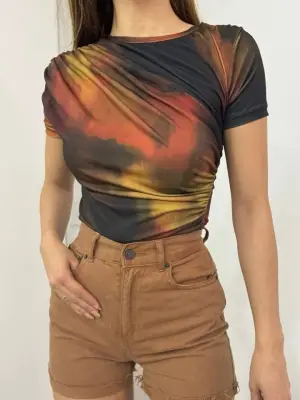 Bel Omuz Büzgülü Batik Baskı Sendy Bluz  -Kiremit