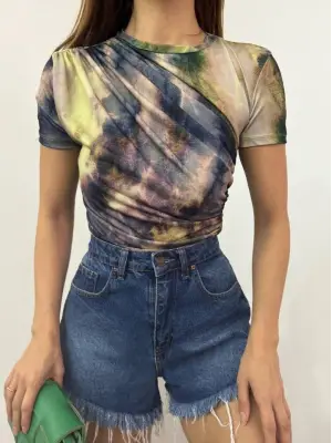 Bel Omuz Büzgülü Batik Baskı Sendy Bluz  -Yeşil