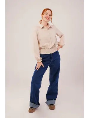 Bel Ve Bilek Lastikli Bej Bluz