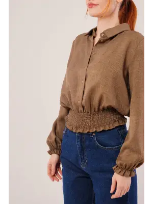 Omarı Esnek Bel ve Serbest Bilek Detaylı Kahverengi Bluz