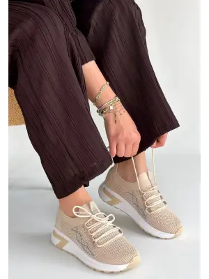 Belan Bej Triko Bağcıklı Spor Ayakkabı