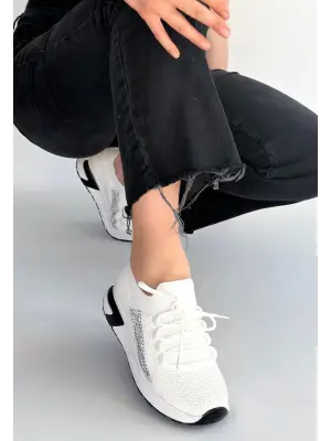 Belan Beyaz Triko Bağcıklı Spor Ayakkabı