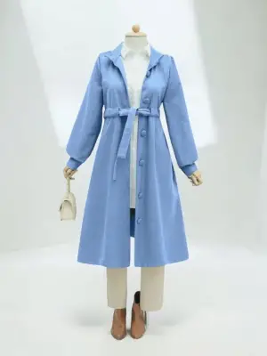 Belden Bağlamalı Top Düğmeli Kaşe Kaban -Mavi