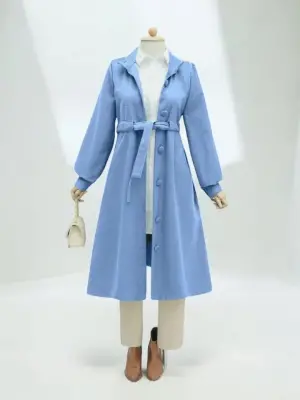 Belden Bağlamalı Top Düğmeli Kaşe Kaban -Mavi