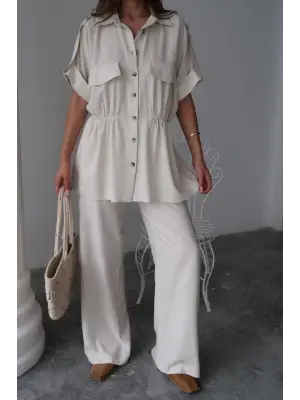 Omarı Belden Büzgü Detaylı Takım - Keten Gömlek ve Pantolon Seti