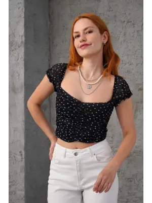 Omarı Siyah Puantiyeli Tül Bluz
