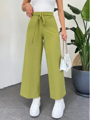 Omarı Yüksek Bel Bol Paça Pantolon - Fermuarlı Yeşil