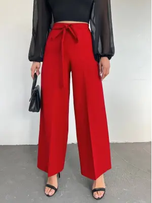 Omarı Yüksek Bel Bağcıklı Bol Paça Pantolon - Kırmızı