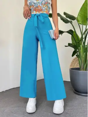 Beli Bağcıklı Double Bol Paça Pantolon      -Mavi