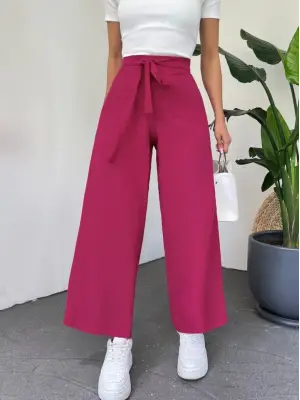 Omarı Özgür Hareket Eden Bol Paça Pantolon - Nar Çiçeği