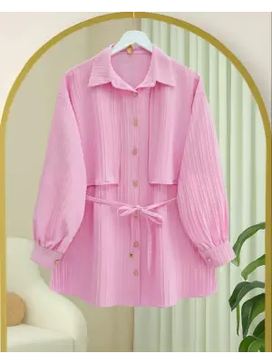 Beli Bağlamalı Bolero Detaylı Taşlı Düğmeli Gömlek -Pembe