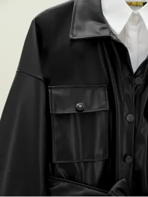 Beli Bağlamalı Çift Cepli Deri Gömlek -Siyah