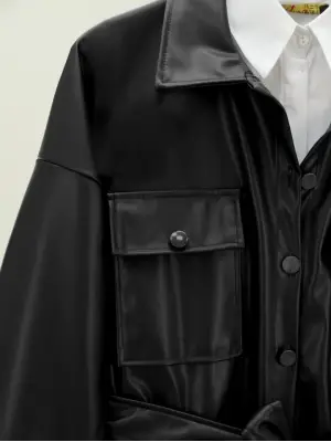 Beli Bağlamalı Çift Cepli Deri Gömlek -Siyah