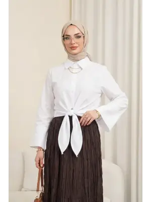 Beli Bağlamalı İspanyol Kol Poplin Gömlek Bluz -Beyaz
