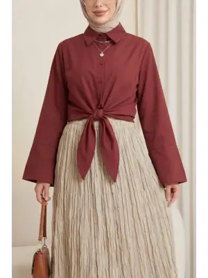 Beli Bağlamalı İspanyol Kol Poplin Gömlek Bluz -Bordo