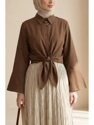 Beli Bağlamalı İspanyol Kol Poplin Gömlek Bluz -Kahve