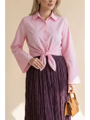 Beli Bağlamalı İspanyol Kol Poplin Gömlek Bluz -Pembe