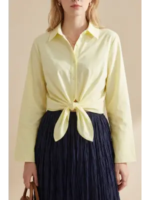 Beli Bağlamalı İspanyol Kol Poplin Gömlek Bluz -Sarı