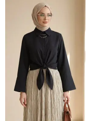 Beli Bağlamalı İspanyol Kol Poplin Gömlek Bluz -Siyah