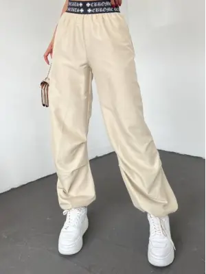 Omarı Beli Bantlı Lastikli Pantolon - Bej