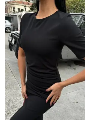 Omarı Rahat Ve Şık Beli Büzgülü Midi Elbise