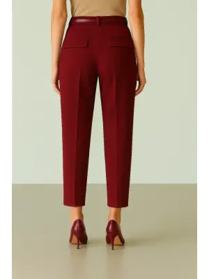 Beli Kemerli Çift Cepli Pantolon  -Bordo