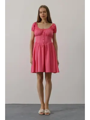 Beli Korseli Mini Elbise - Fuşya