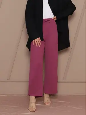 Beli Lastikli Bağcık Detaylı Ayrobin Pantolon -Mürdüm