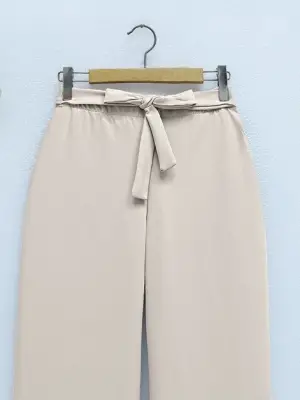 Beli Lastikli Bağlamalı  Bol Paça Pantolon  -Bej