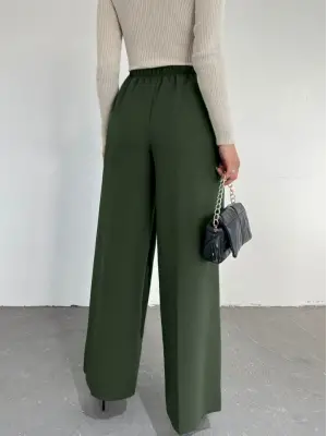 Beli Lastikli Bağlamalı  Bol Paça Pantolon  -Haki