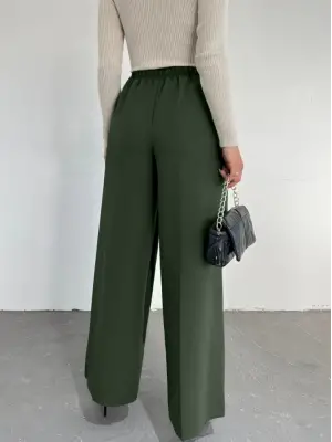 Omarı Rahat Kullanımlı Bol Paça Pantolon - Haki