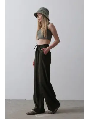 Omarı Rahat ve Şık Beli Lastikli Pantolon - Koyu Haki