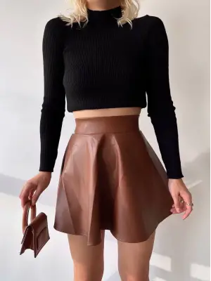 Beli lastikli deri etek kahve s24599