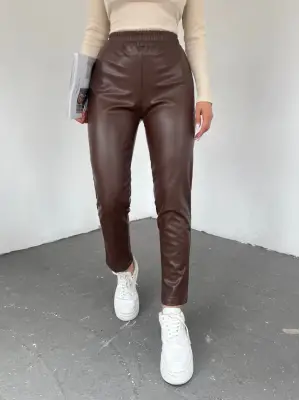 Omarı Yüksek Bel Deri Pantolon - Kahve