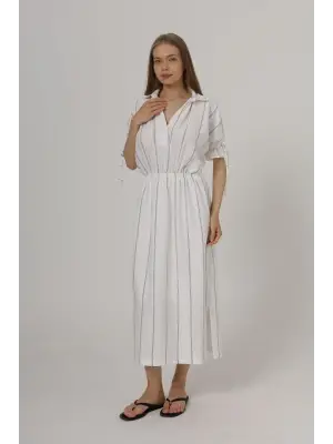 Beli Lastikli Elbise - Beyaz