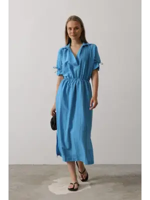 Beli Lastikli Elbise - Mavi