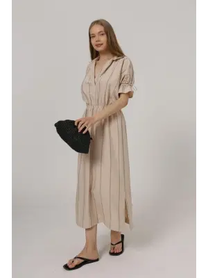 Beli Lastikli Elbise - Taş