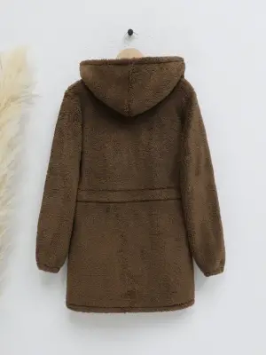 Beli Lastikli Kapşonlu Fermuarlı Peluş Mont -Kahve
