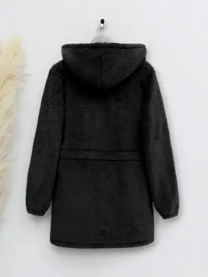 Beli Lastikli Kapşonlu Fermuarlı Peluş Mont -Siyah