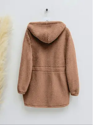 Taba Beli Lastikli Kapşonlu Fermuarlı Peluş Mont Kadın Giyim