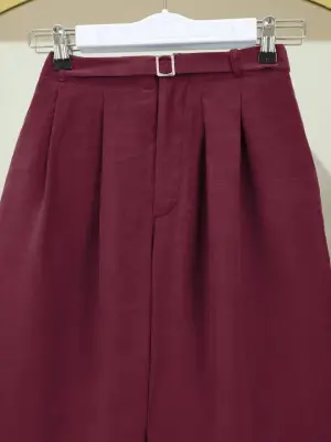 Bordo Beli Lastikli Kemer Detaylı Pantolon