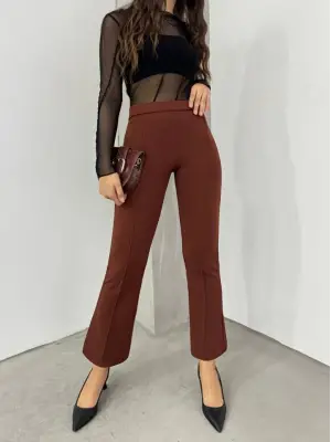 Omarı Esnek Bel Detaylı İspanyol Pantolon - Kahve