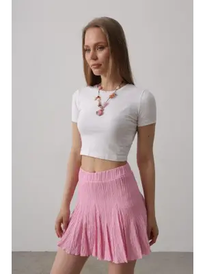 Beli Lastikli Mini Etek - Pembe