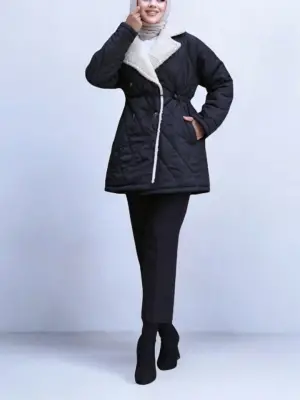 Beli Lastikli Peluş Detaylı Kapitone Mont -Siyah