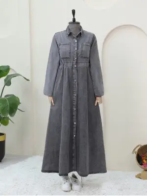 Omarı Beli Lastikli Yan Cepli Kot Elbise - Moda Trendi