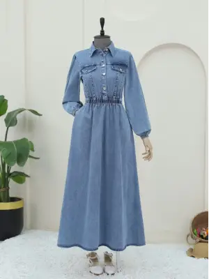 Beli Lastikli Yarım Düğmeli Kot Elbise -Buz Mavi